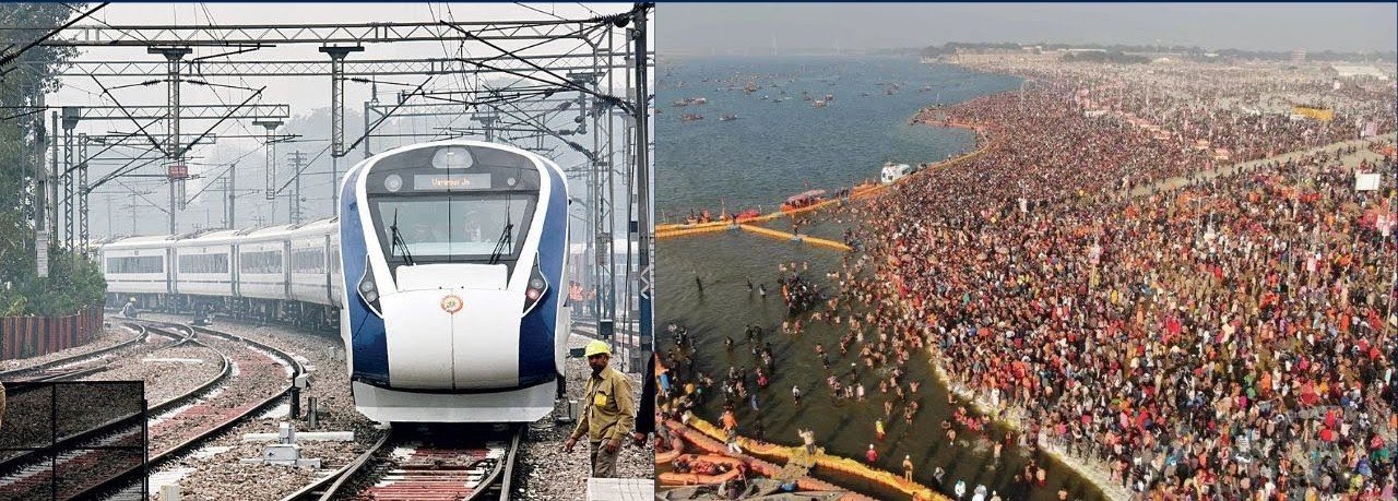 बनारस-माधो सिंह-प्रयागराज रेल खंड पर गंगा नदी पर बने पुल संख्या-111 से गुजरती हुई 22436 नई दिल्ली-वाराणसी वंदे भारत एक्सप्रेस