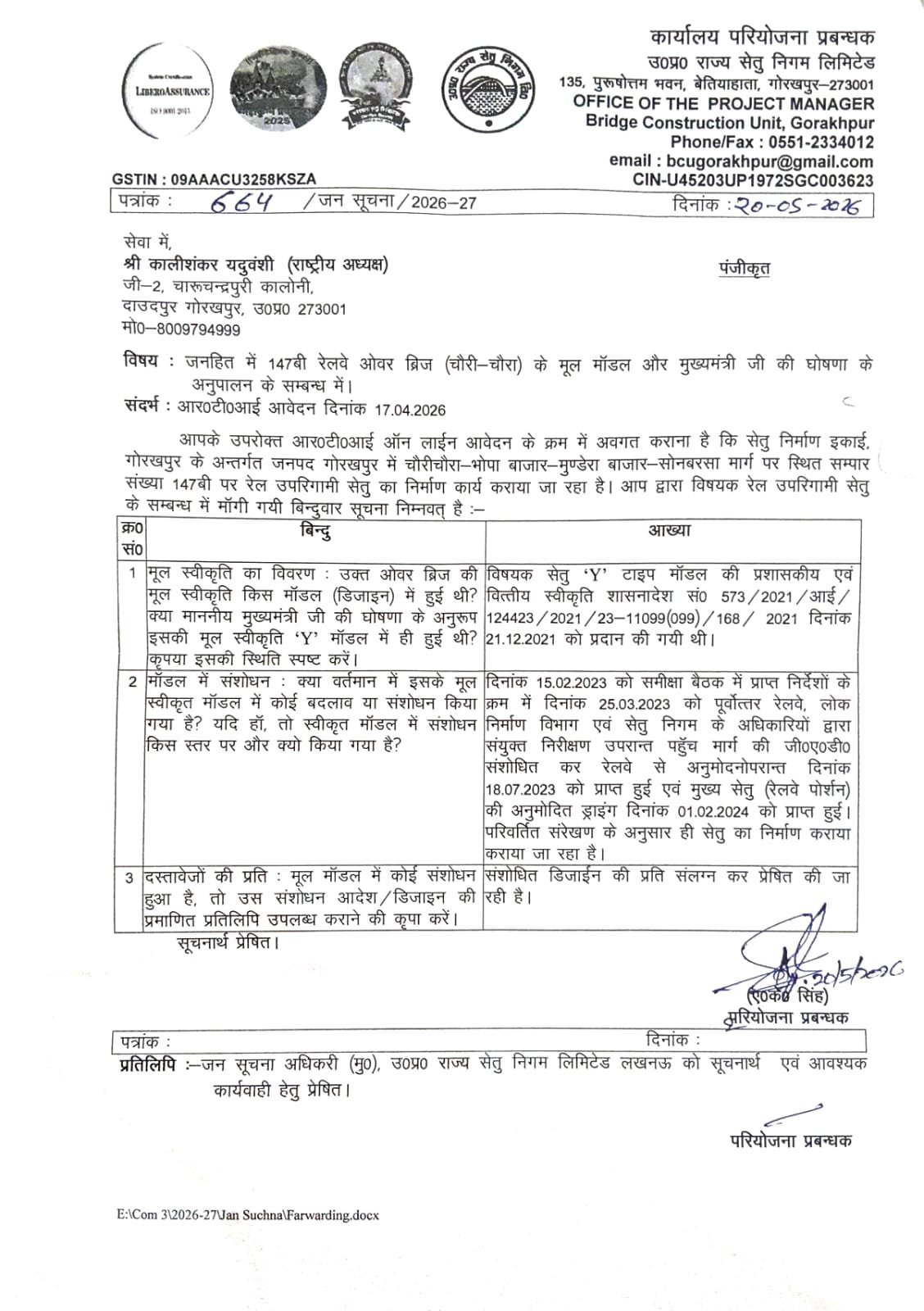 मुख्यमंत्री को अंधेरे में रखकर बदला गया चौरी-चौरा ओवरब्रिज का नक्शा, सेतु निगम ने आरटीआई में कबूला सच: काली शंकर यदुवंशी